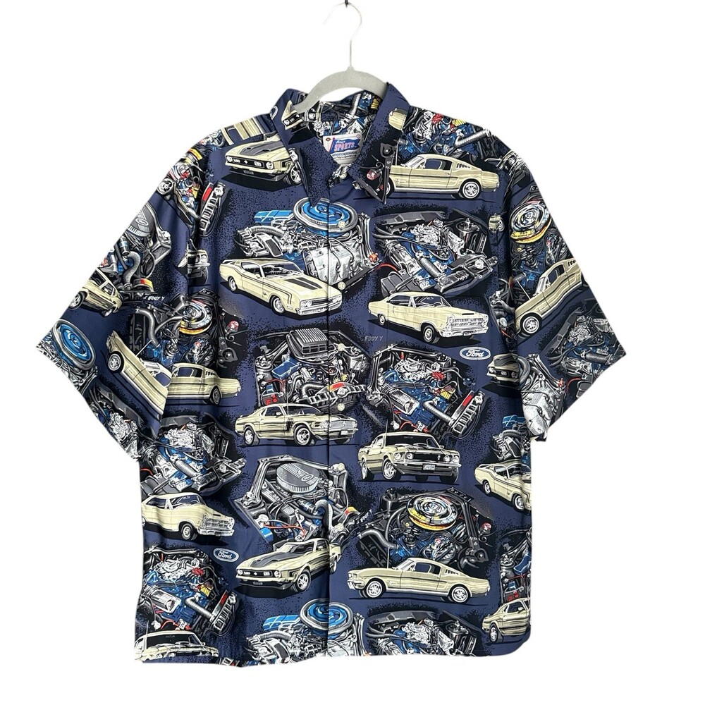 Reyn Spooner Ford Graphic Button Up Shirt XL Cotton Navy Retro Cars Made Hawaii